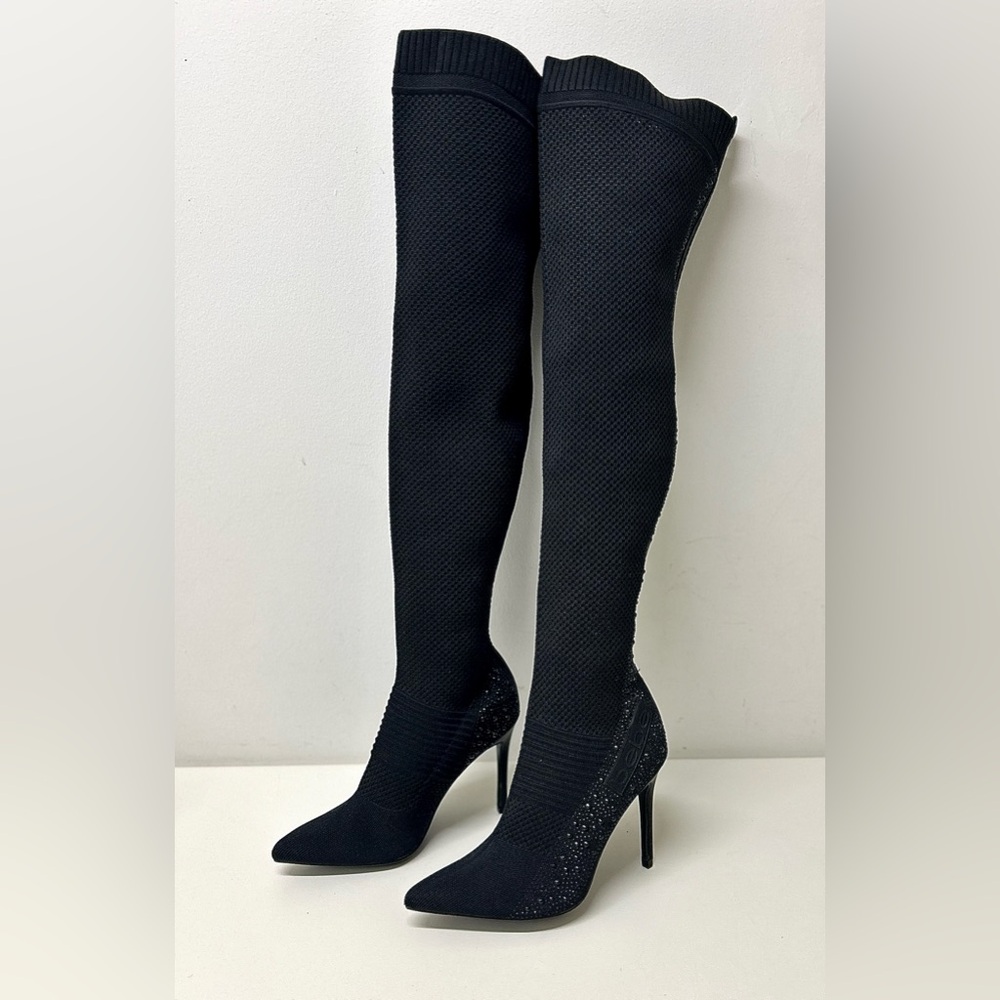 Women’s 7 Bebe Naya Rhinestone Embellished Mesh Heeled Over Knee Boots